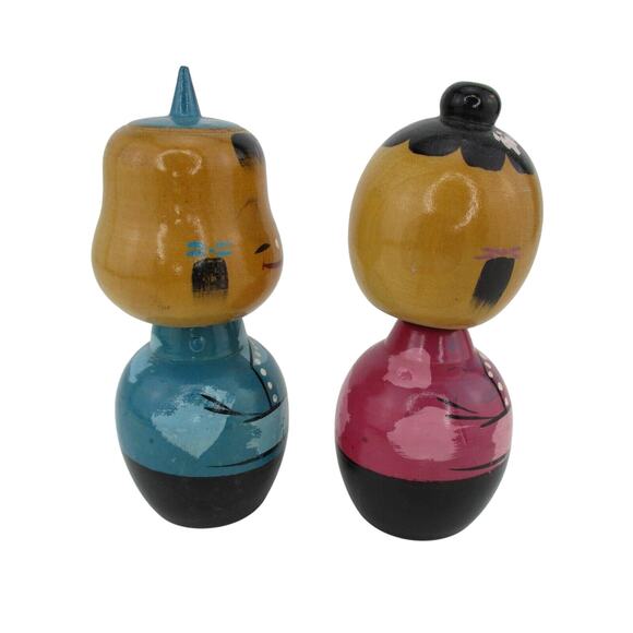 Vintage Pair Nodder Doll Wood Hand Painted Bobbleheads 5" Tall - Picture 4 of 6